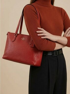 Coach Red/Orange  Saffiano Leather Tote Zip Top Shoulder Bag Large Work Bag